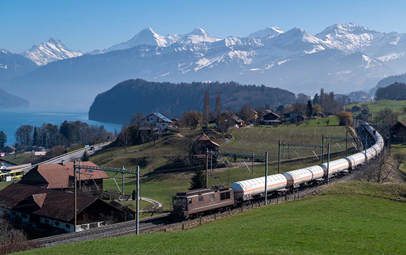 Un train de marchandises circule le long du lac de Thoune, sur l'axe du Lötschberg, du Valais vers Anvers.